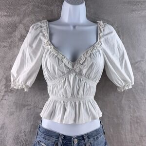 Reformation Vineyard Blouse Womens Size Small White Smocked Ruffle Puff Sleeve